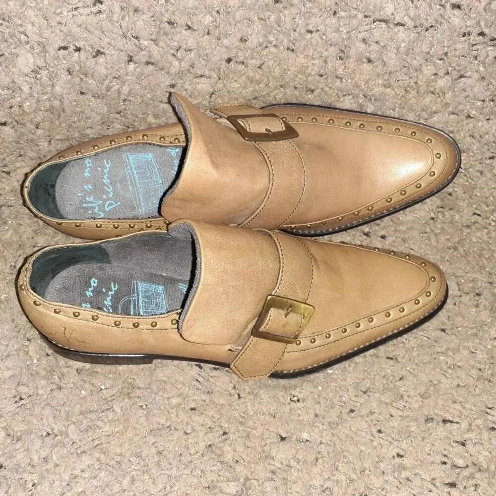 JOHN FLUEVOG-Vintage 2007-Picnic Chianti-Studded Monk Strap-Tan Leather-Sz 6-NM - Picture 6 of 7